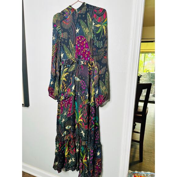 FARM RIO Black Amazonia High Neck Jungle Theme Ruffle Tiers Maxi Dress Size XS - Picture 7 of 16